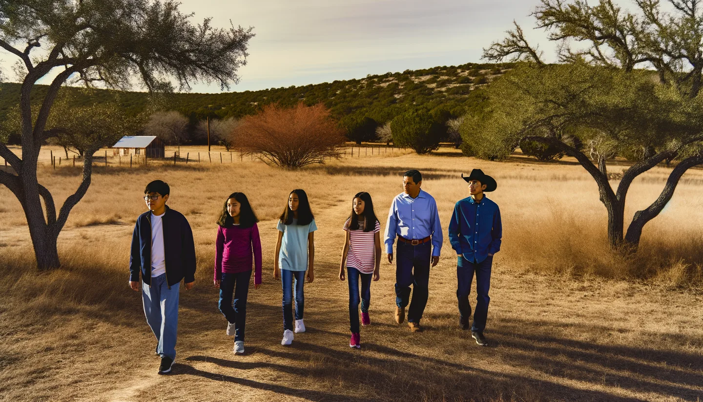 Family walking along inherited rural property in Texas Hill Country