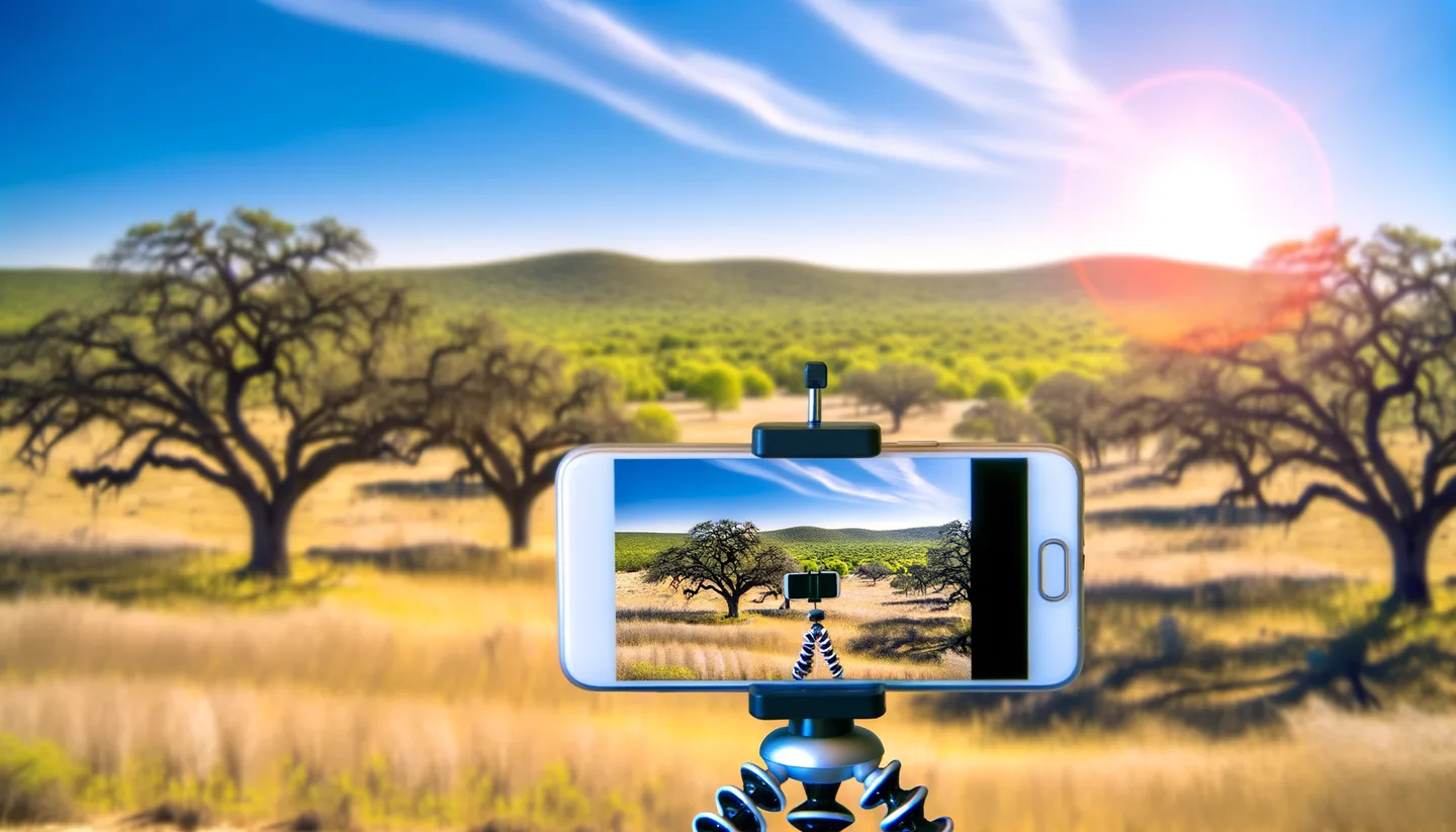 Smartphone on tripod photographing a vacant land parcel in Texas