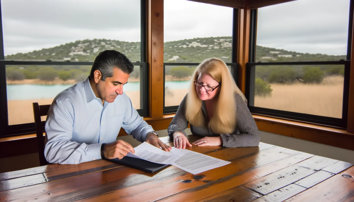 Two people reviewing land sale documents without a realtor