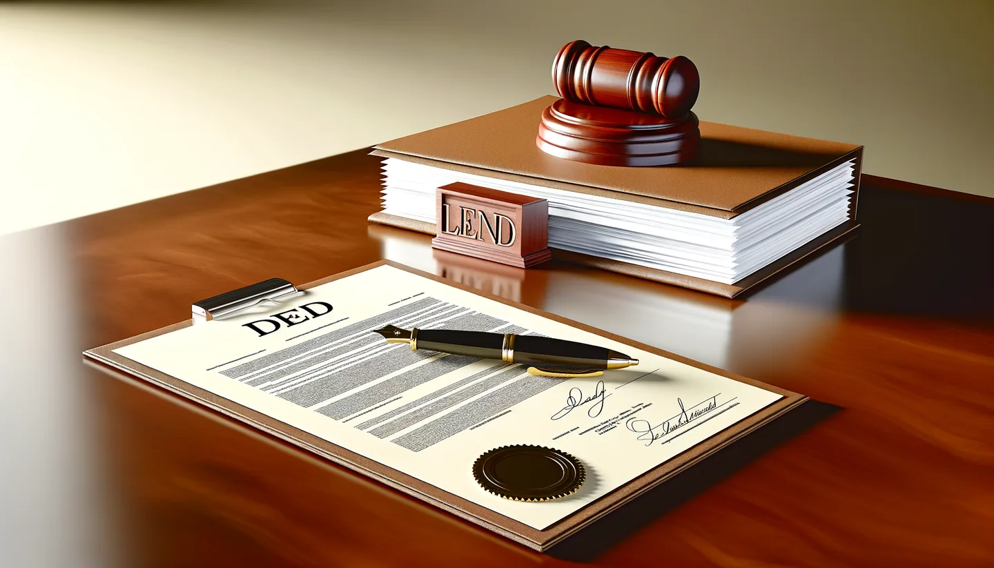 Legal land deed with notary stamp and fountain pen on desk