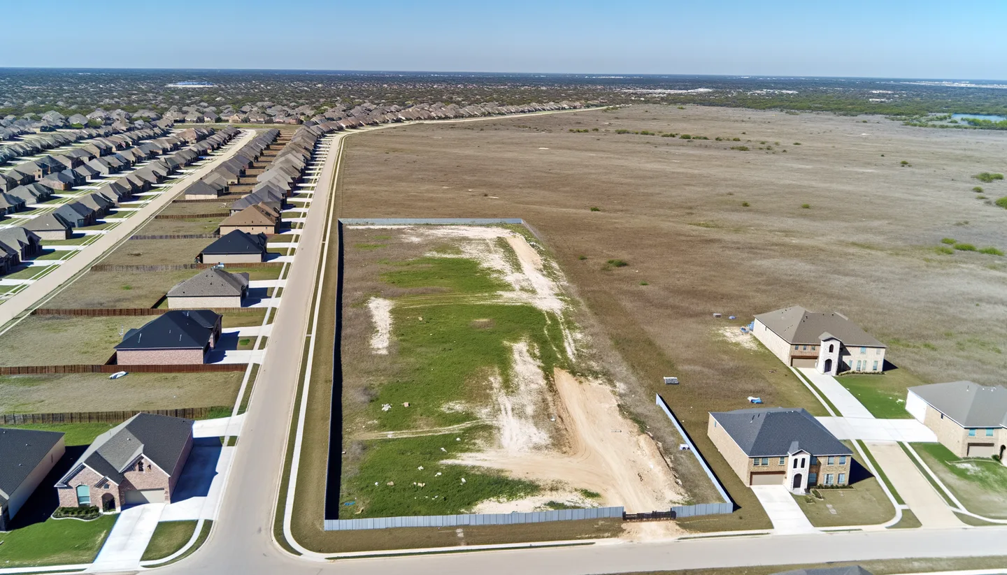 Aerial view of undeveloped land next to new construction in Texas
