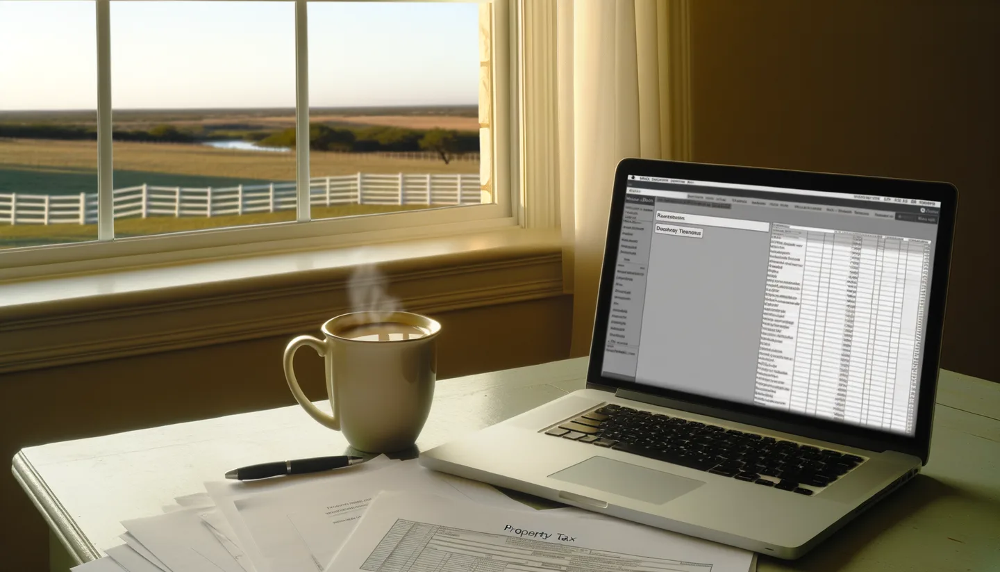 Property tax documents and laptop on a desk in Texas
