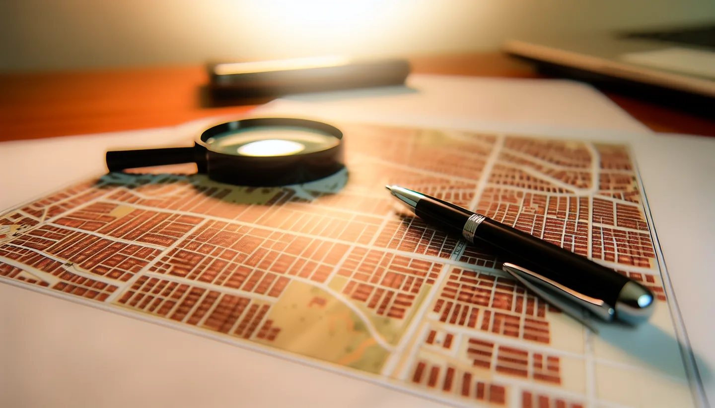 Property survey map and magnifying glass on a table