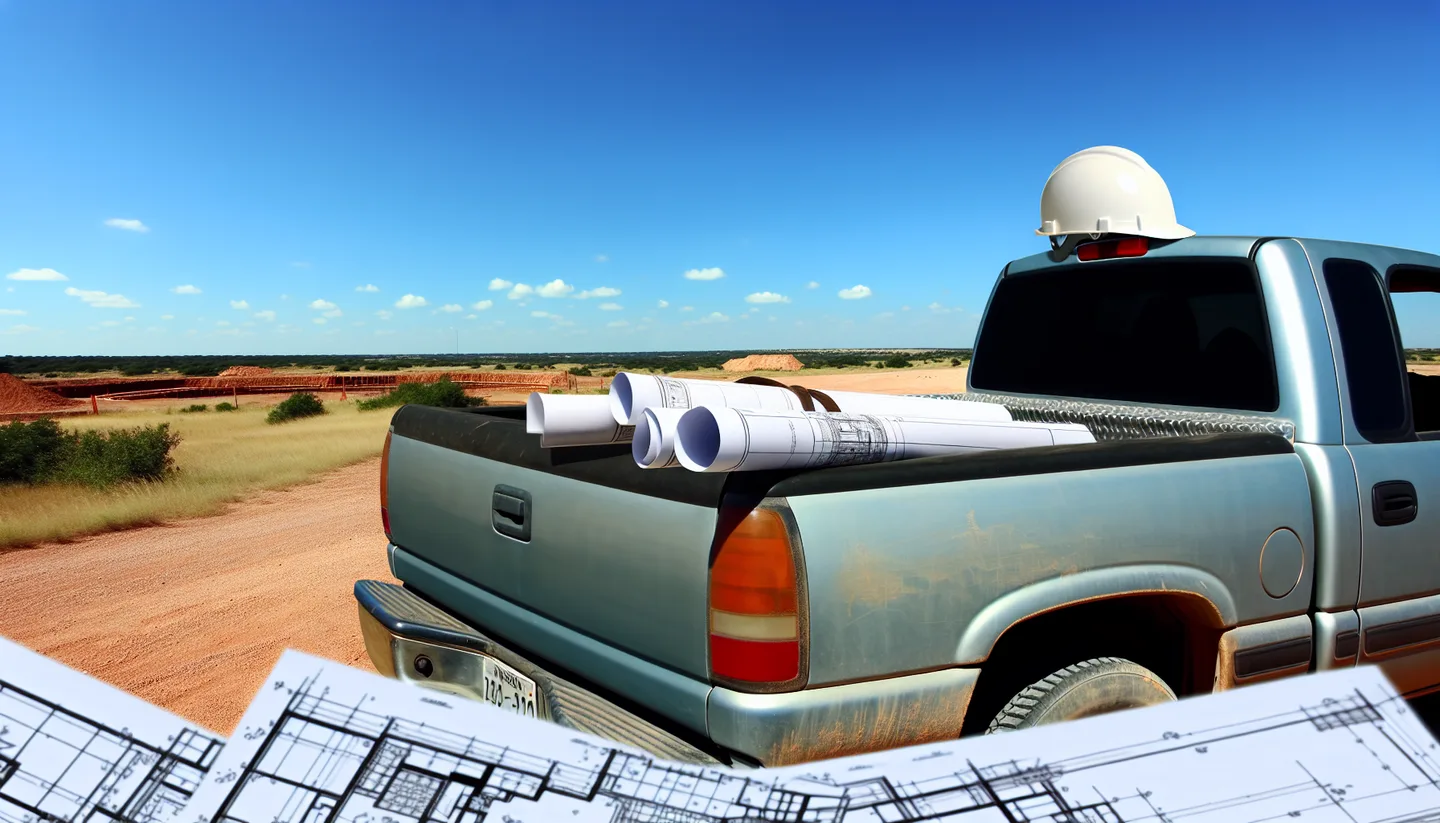 Blueprints and hard hat on a truck hood at a construction site