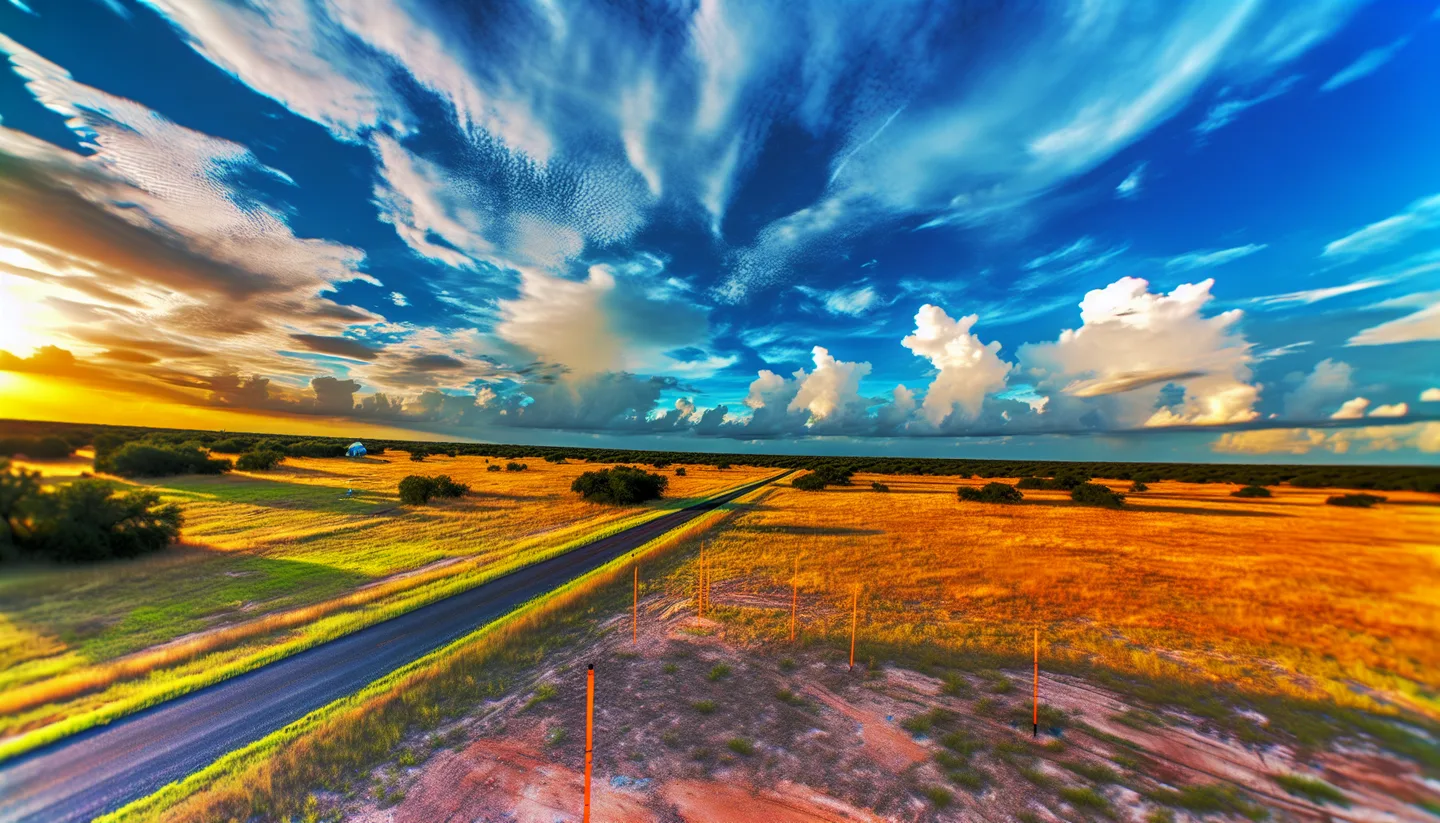 Rural Texas property with survey stakes along a county road
