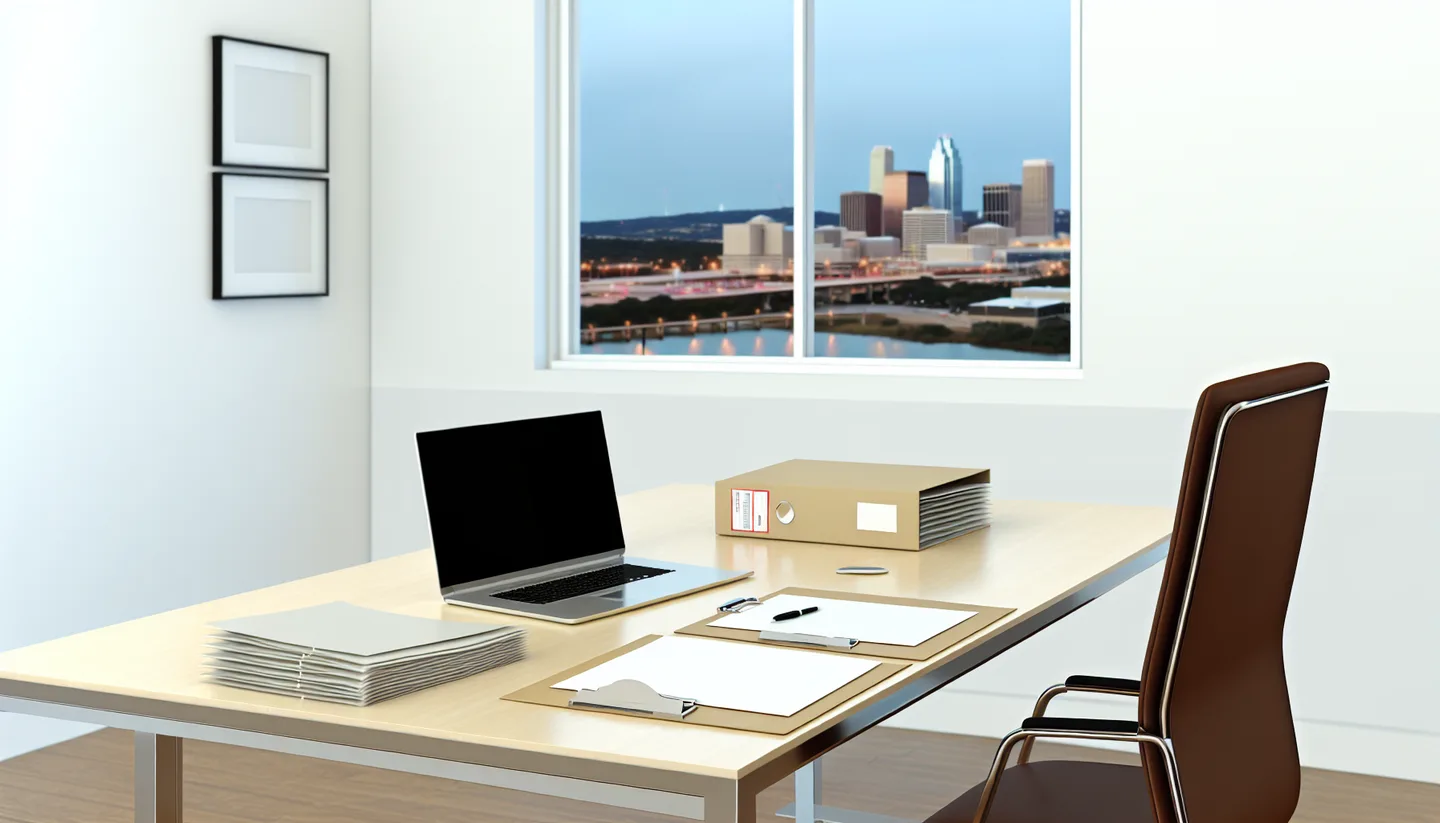 Professional office with property documents and Texas city view