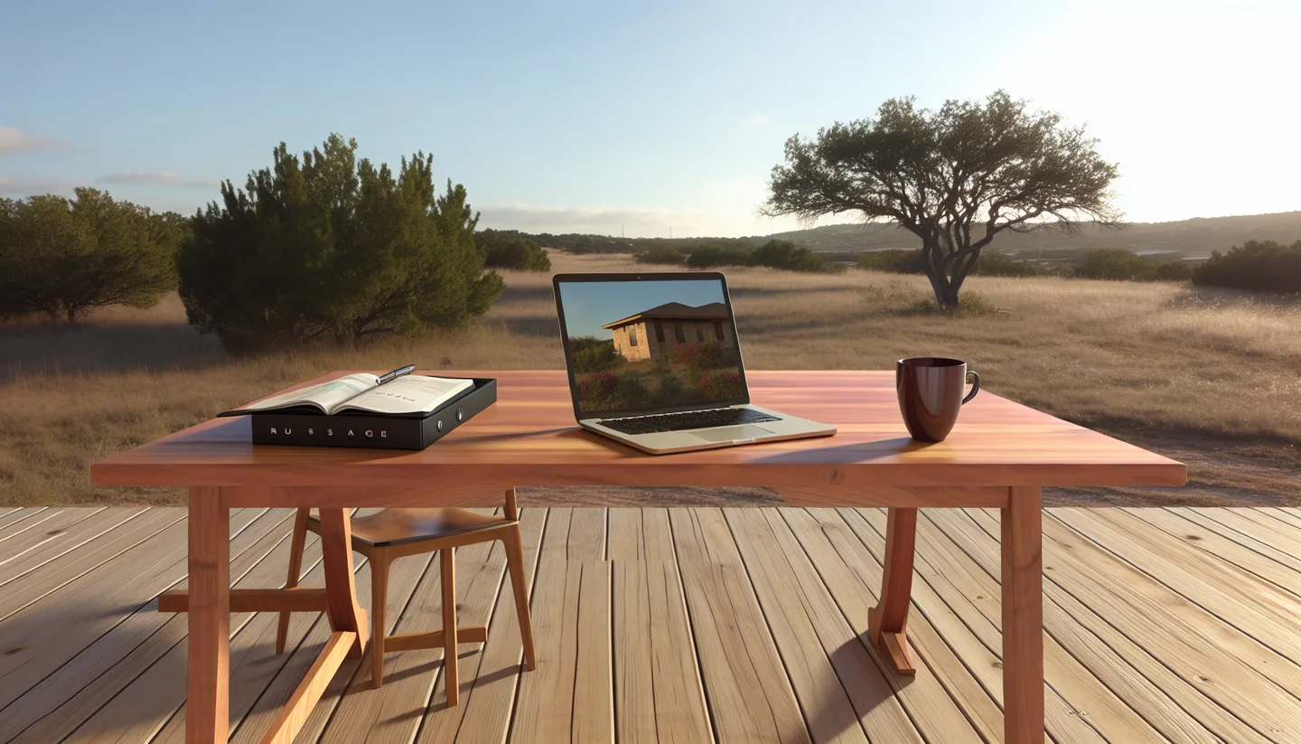 Laptop and property folder on a deck overlooking vacant land in Texas