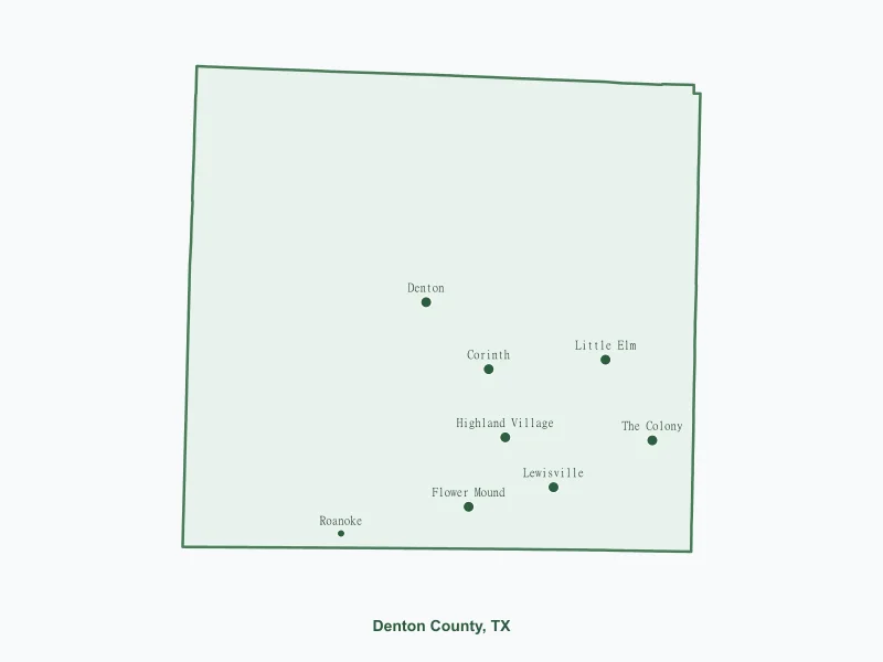 Map of Denton County, TX showing major cities