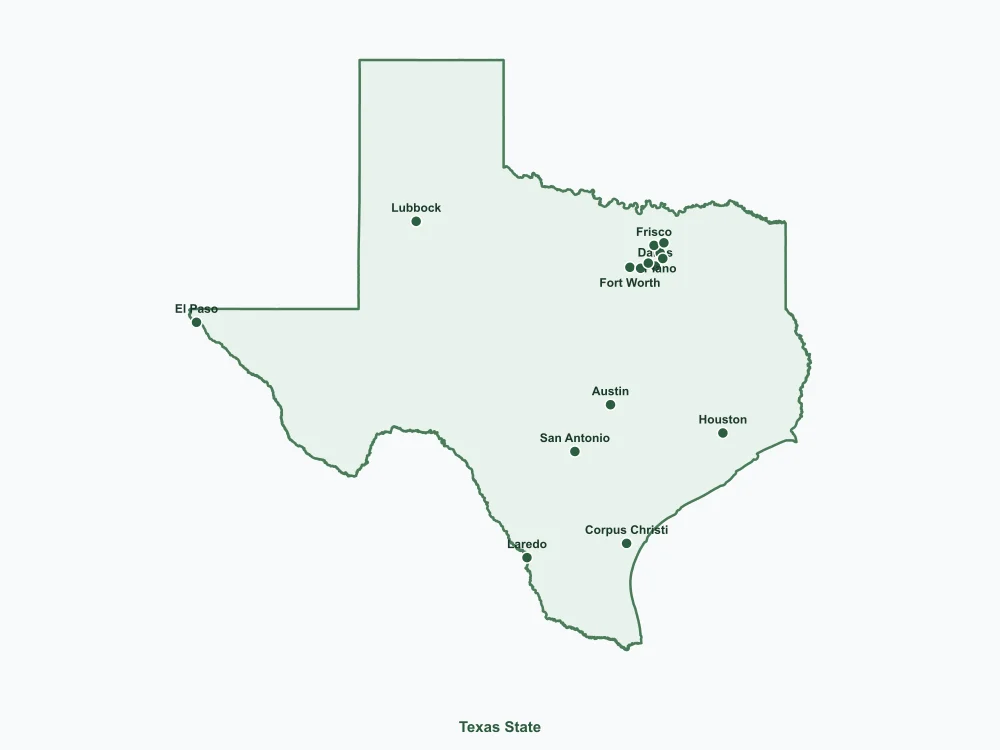 Map of Texas State showing major cities